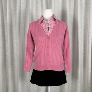 IZOD Cardigan Sweater Womens Petite Small Pink Collared Gingham Layered Look